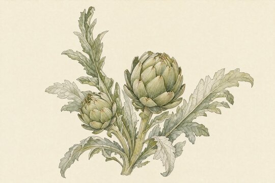 Green artichoke heads and sculptural leaves in a vintage botanical illustration on ivory paper for editorial layouts, packaging design, and presentations
