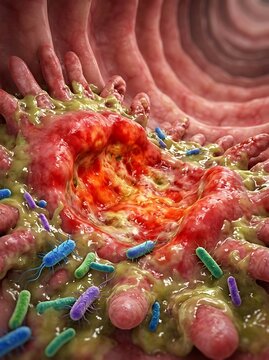 3d medical illustration depicting a severe intestinal ulcer surrounded by inflammation and various bacterial microorganisms