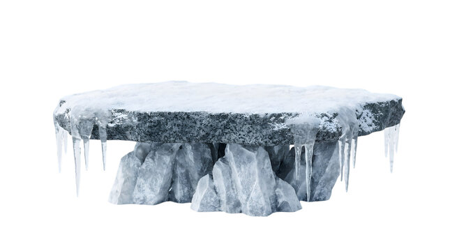 Icy rock platform podium with hanging icicles