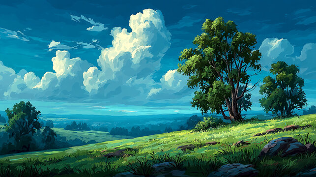 Anime style landscape illustration of rolling green hills and trees under a cloudy blue sky with landscape