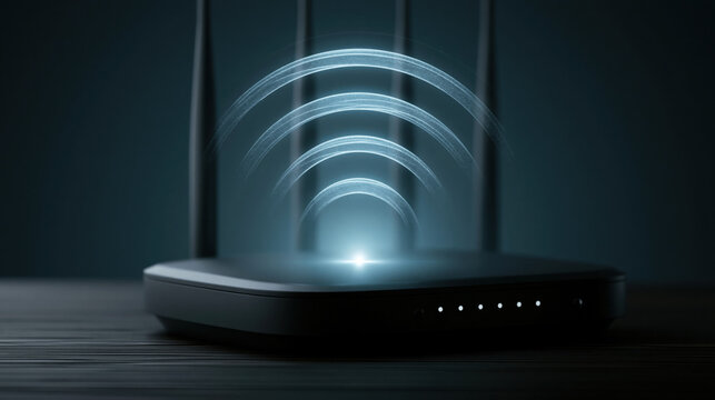 Wireless router glowing signal hologram dark background technology device