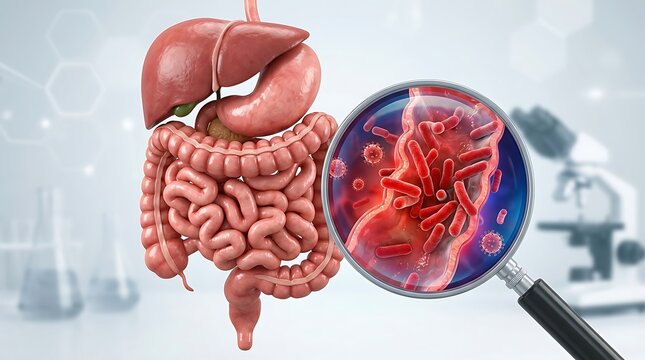 3d illustration of the human digestive system with a magnifying glass showing gut bacteria and microbiome