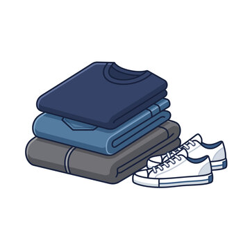 A neat stack of folded casual sweaters and white sneakers isolated on a white background for a minimalist fashion and lifestyle concept illustration