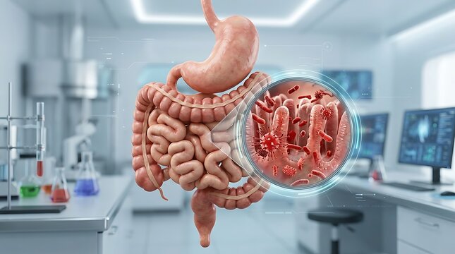3d medical illustration of the human digestive system with a magnified view of intestinal villi and gut microbiota inside a laboratory setting