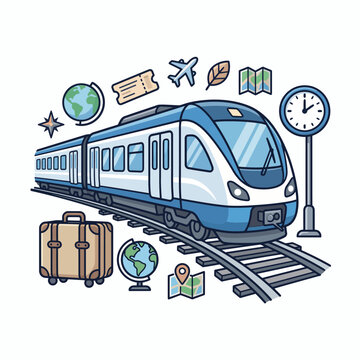 A modern blue and white passenger train on railway tracks surrounded by travel icons like globes, luggage, maps, and a station clock