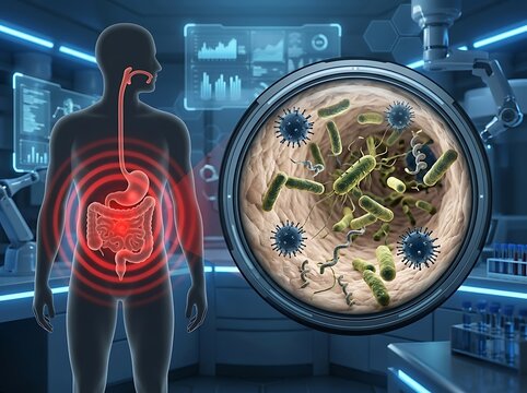 Medical illustration showing a human silhouette with highlighted digestive system and a microscopic view of gut bacteria and viruses in a laboratory setting