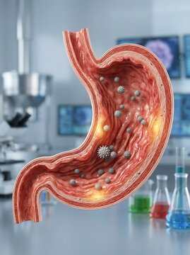 3d medical illustration of a human stomach crosssection with viral particles inside, set in a laboratory environment
