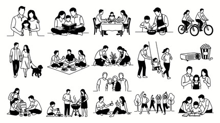 Fototapeta premium Diverse Family Activities Black and White Line Art Vector Stock Illustrations