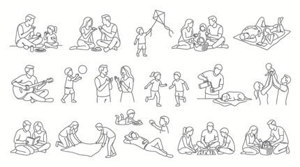 Fototapeta premium Family Lifestyle Leisure Activities Black and White Line Art Illustrations Collection