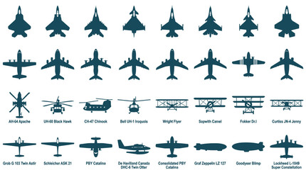Comprehensive collection of aircraft silhouettes including modern fighter jets, commercial airliners, AH-64 Apache, CH-47 Chinook, historical biplanes like Wright Flyer, gliders, and airships. © VectorSuka