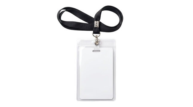 Blank plastic ID card holder. Staff identification badge reel. Lanyard with metal clip for business access control system. White empty passport sleeve for corporate event credentials.