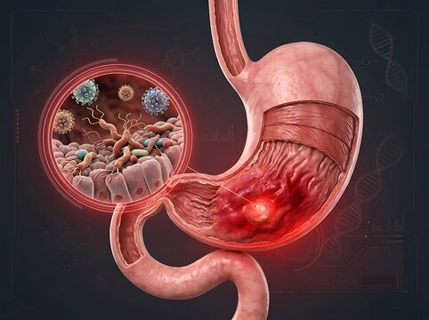 3d medical illustration of the human stomach showing a gastric ulcer caused by helicobacter pylori bacteria infection