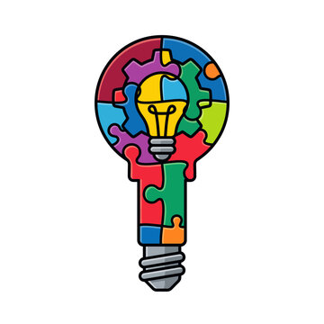 Colorful lightbulb puzzle icon concept of creative idea innovation autism awareness and solution
