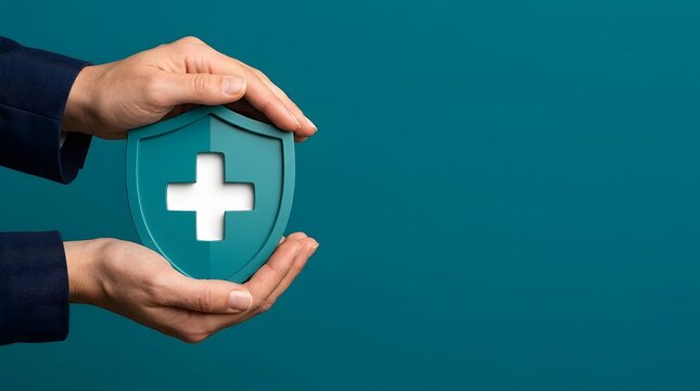 Hands holding a medical shield for health insurance and protection concept