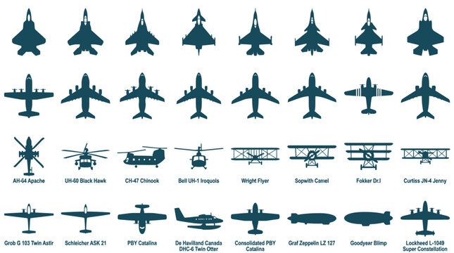 Comprehensive collection of aircraft silhouettes including modern fighter jets, commercial airliners, AH-64 Apache, CH-47 Chinook, historical biplanes like Wright Flyer, gliders, and airships.
