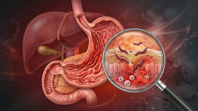 Medical illustration of helicobacter pylori bacteria infecting the human stomach lining causing inflammation and gastric ulcers