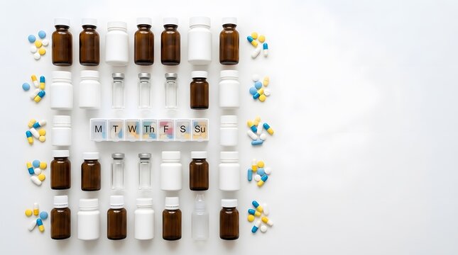 Medicine bottles and weekly pill organizer on white background