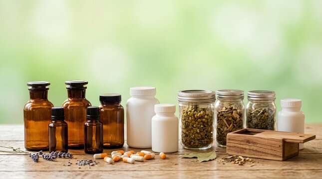 Herbal medicine supplements and essential oils on wooden table