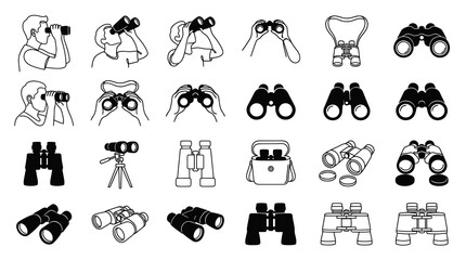 Fototapeta premium Binoculars Collection Icons - Observing, Optics, and Outdoor Gear - Black and White Line Art