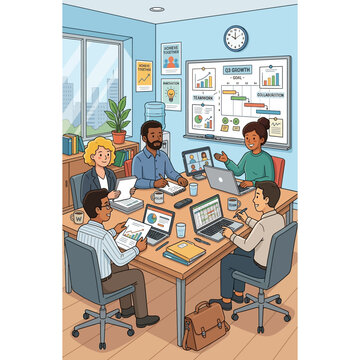 Diverse business team collaborating in a modern office meeting room, reviewing charts and data