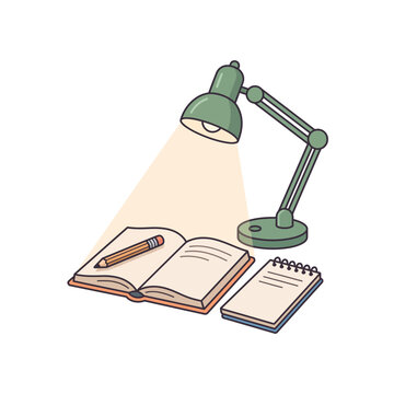Cozy study space illustration with desk lamp, open book, and notepad