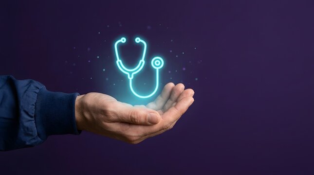 Hand holding glowing neon stethoscope icon for digital healthcare concept