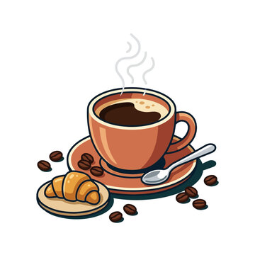 Hot Coffee Cup with Steaming Espresso Roasted Beans and Fresh Croissant Breakfast Vector Illustration Isolated on White