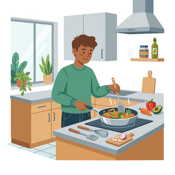 Joyful young man preparing a nutritious and fresh vegetable meal in a modern kitchen, embodying a healthy lifestyle and home cooking