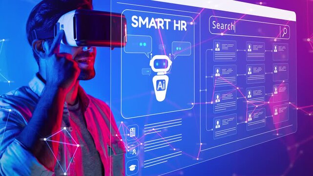 A young man engages with virtual reality, exploring advanced AI technology and a digital interface filled with vibrant visuals and data connections, showcasing innovation. Raster