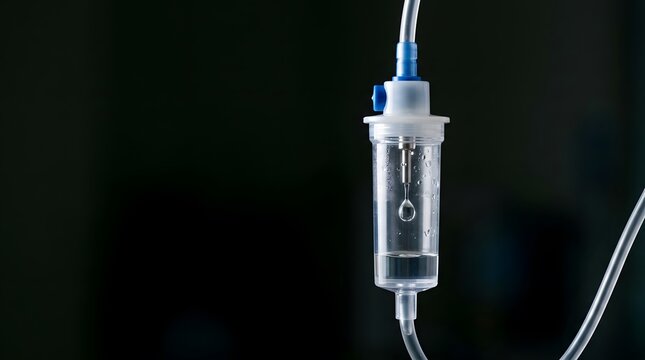 Close up of intravenous IV drip chamber with falling droplet in dark background