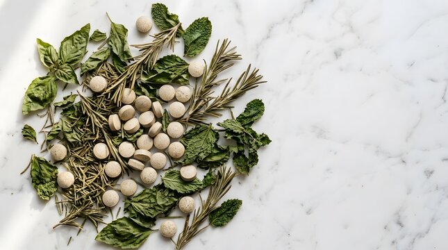 Herbal supplement pills with fresh green leaves on white marble background