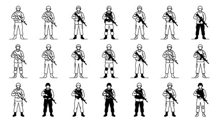 Naklejka premium Set of Military Soldiers Iconography in Line Art Style