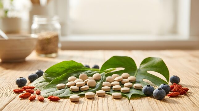 Natural supplement pills with berries and green leaves on wooden table