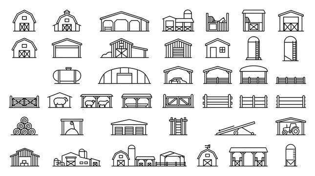 Agricultural Barn and Rural Farm Building Line Icon Set Featuring Livestock Sheds, Silo Towers, Fences, Hay Bales, and Tractor Garages for Countryside Farming Designs