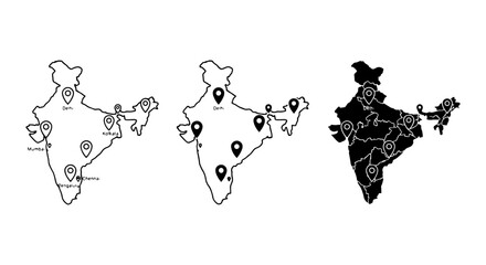 Obraz premium India Map Icons Set: Location Pins on Country Outline, Silhouette, and Detailed Vector Graphics
