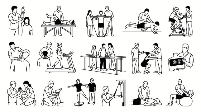 Physical Therapy  Rehabilitation Line Art Icons. Healthcare, Wellness, and Exercise Outline Vector Set