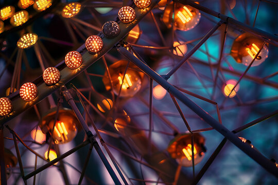 Macro ferris wheel retro metal structure and vintage warm bulbs bokeh for valentine promo poster retro market manual and music festival visual