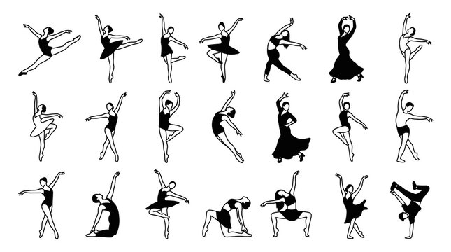 Black and White Line Art of Diverse Dancers Poses, Ballet and Modern Dance