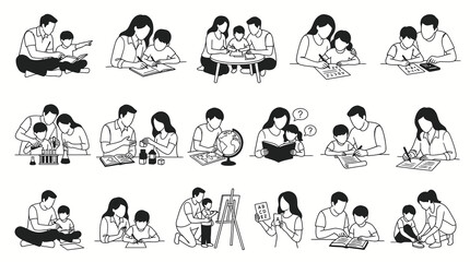 Fototapeta premium Black and White Line Art of Families Teaching Children, Education, Learning, and Studying