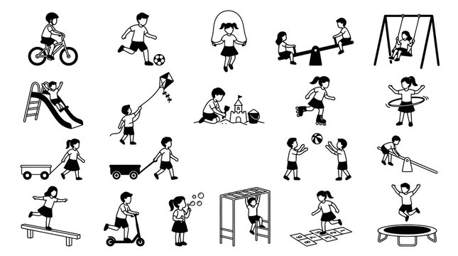 Children Playing Games and Outdoor Activities Black and White Line Art Icons Set