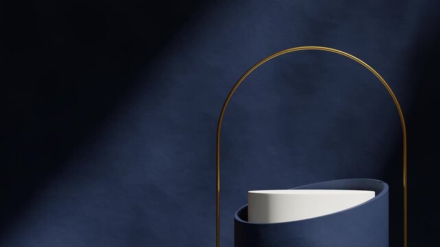 gold arch and dark blue wall in 3d render footage of mockup template white cylinder podium seamless loop shadow animation