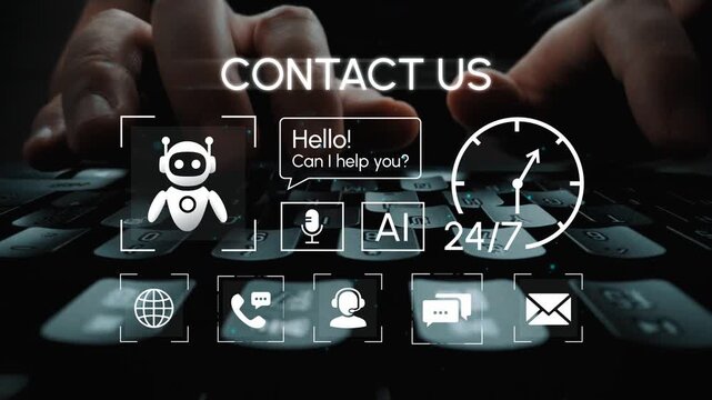 Interactive customer support service with chatbot interface, keyboard, and various communication icons for modern digital interaction and engagement. Entropy.