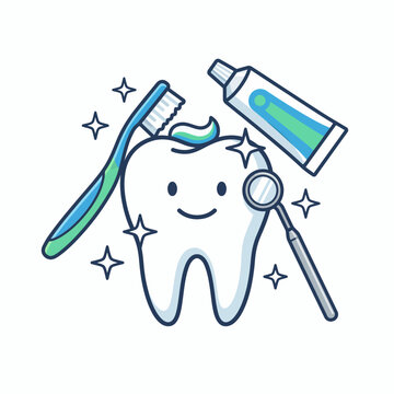 Cute cartoon tooth with toothbrush, toothpaste, and dental mirror for oral hygiene and dental care concept illustration