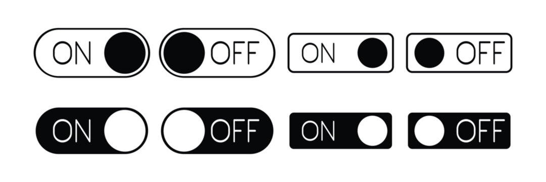 On Off toggle switch vector icon set isolated on white background, slider switch button outline and active state UI element collection for web design, application, and interface development
