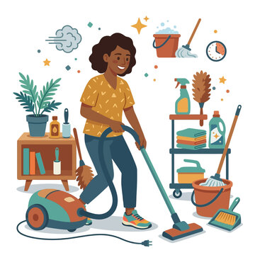 Woman cleaning her home with a vacuum cleaner and various cleaning supplies