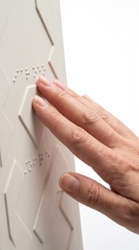 Person's hand reading braille text on a tactile surface