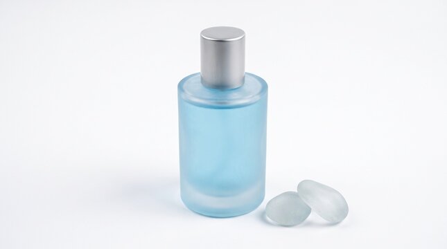 Elegant frosted blue perfume bottle and smooth sea stones, symbolizing freshness and a serene aromatic experience