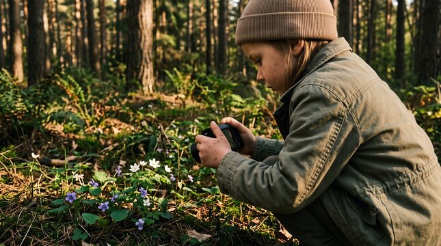 Curious caucasian child photographing spring wild flowers with camera in sunny pine forest. Young explorer engaged in nature exploration during weekend outdoor activity.