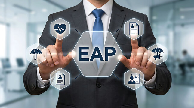 Businessman presenting EAP employee assistance program digital interface icons