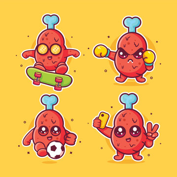Cute fried chicken leg drumstick mascot cartoon illustration set, featuring skateboarding, boxing, football, and taking selfie